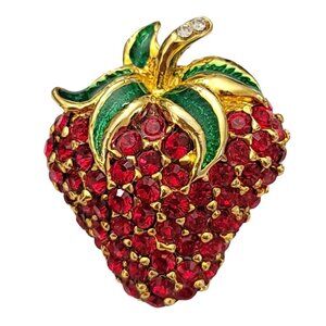 Gold Tone Red Rhinestone Green Enamel Strawberry Brooch Pin K633